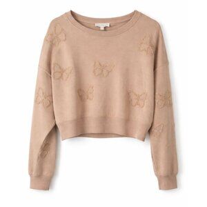 Olive & Oak Nude Pinky Beige Rose Butterfly Embroidered Crop Sweatshirt M, NWT